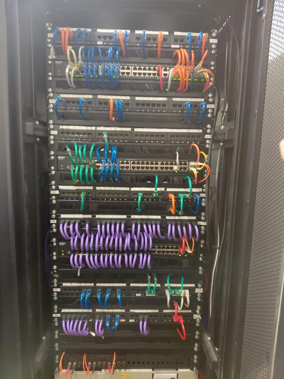 A full-height rack with colour-coded patching and labelled patch panels
